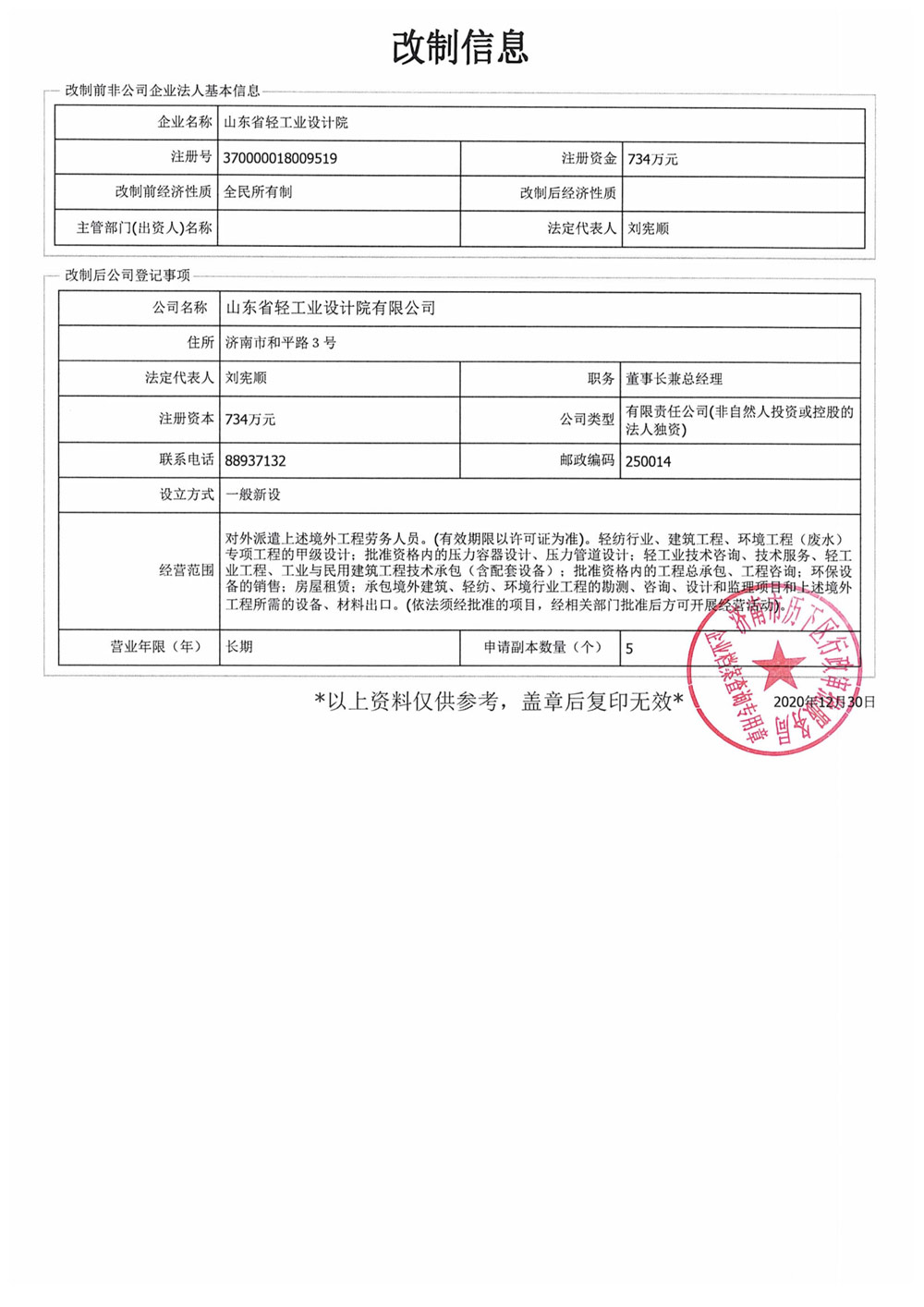 山東省輕工業設計院公司制改制信息